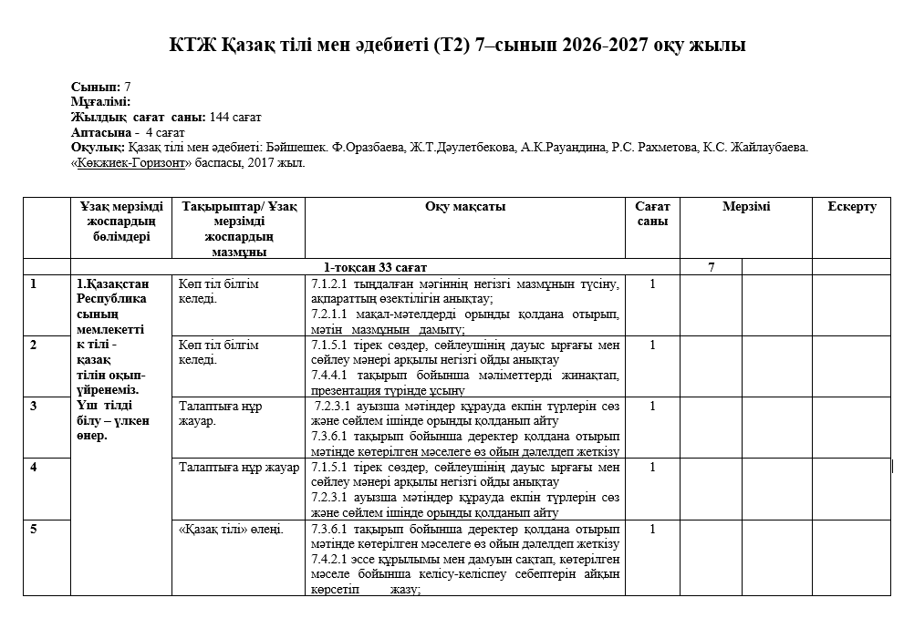 КТЖ Қазақ тілі мен әдебиеті (Т2) 7–сынып 2026-2027 оқу жылы