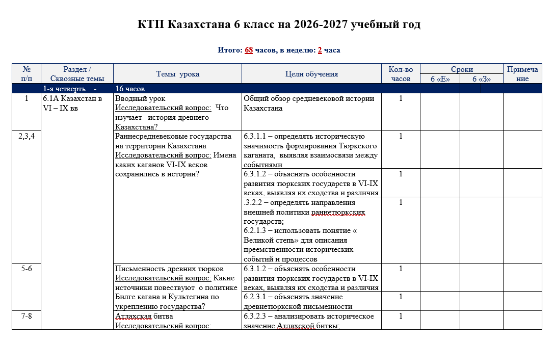 КТП Казахстана 6 класс на 2026-2027 учебный год