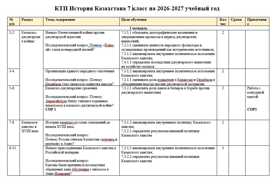 КТП История Казахстана 7 класс на 2026-2027 учебный год