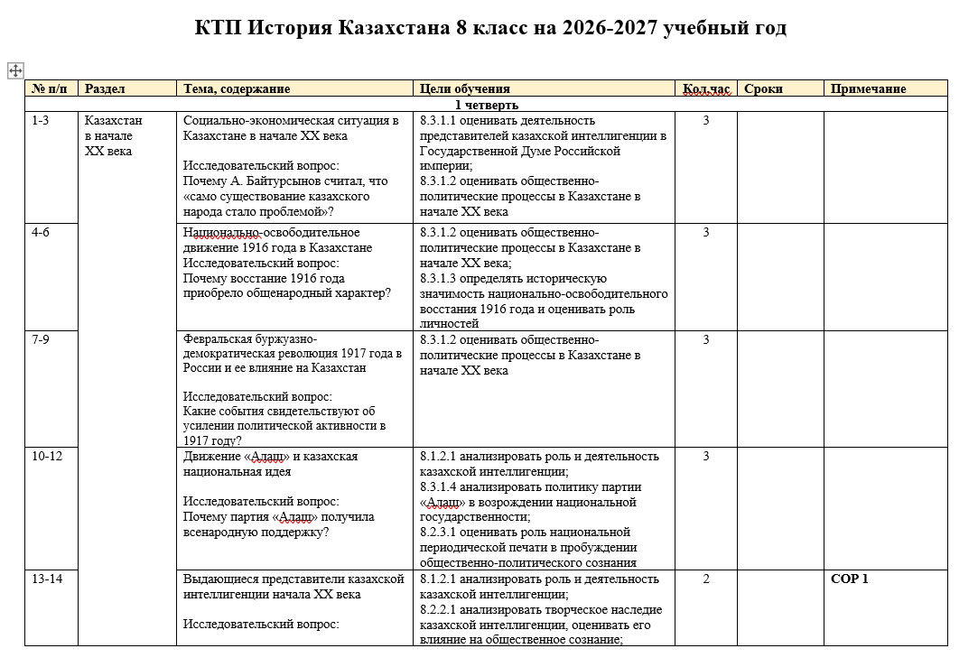 КТП История Казахстана 8 класс на 2026-2027 учебный год