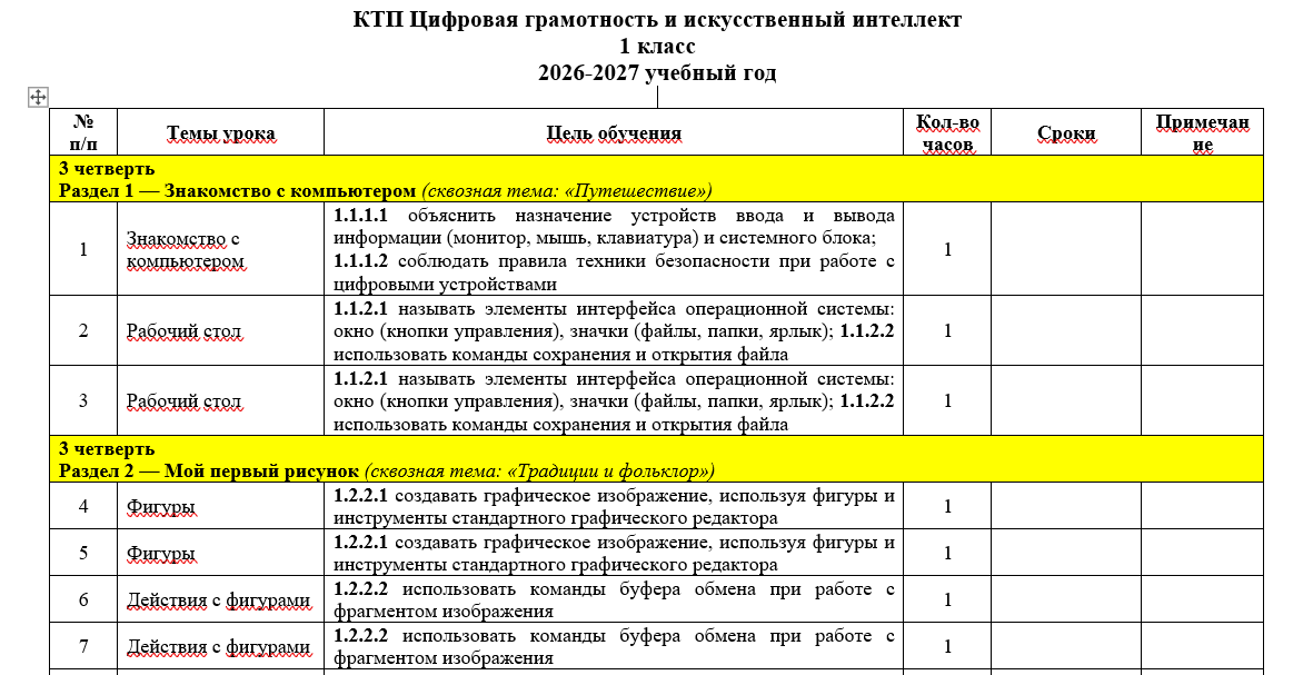 КТП Цифровая грамотность и искусственный интеллект 1 класс  2026-2027 учебный год