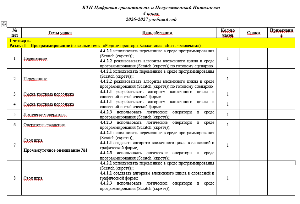 КТП Цифровая грамотность ИИ 4 класс 2026-2027 учебный год   