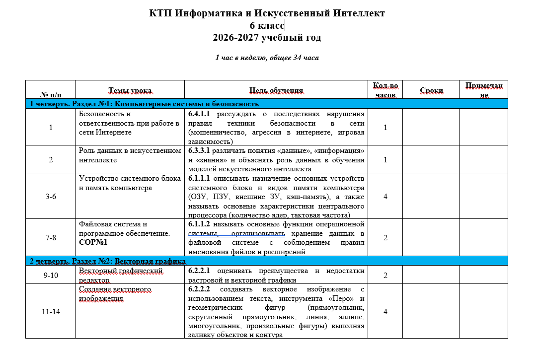 КТП Информатика и Искусственный Интеллект 6 класс 2026-2027 учебный год