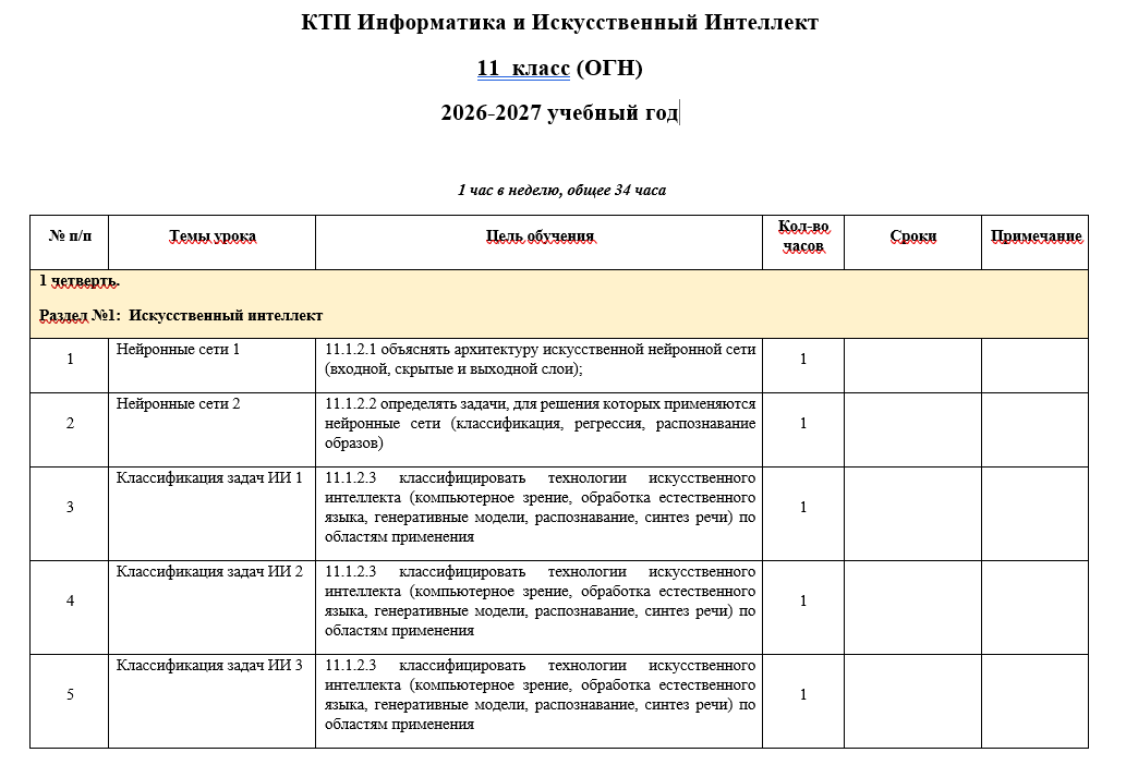 КТП Информатика и Искусственный Интеллект 11 класс (ОГН) 2026-2027 учебный год