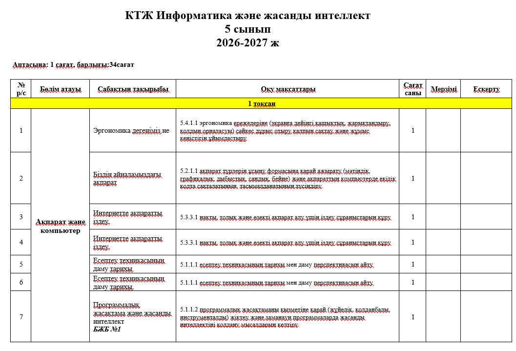 КТЖ Информатика және жасанды интеллект  5-сынып  2026-2027 оқу жылы