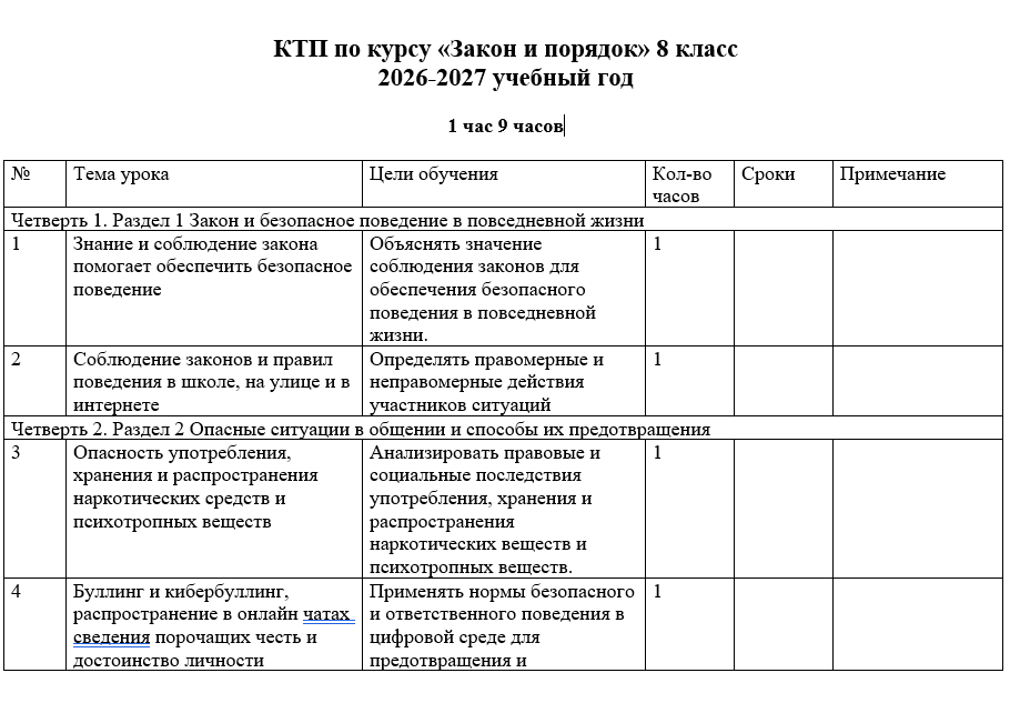 КТП по курсу «Закон и порядок» 8 класс  2026-2027 учебный год