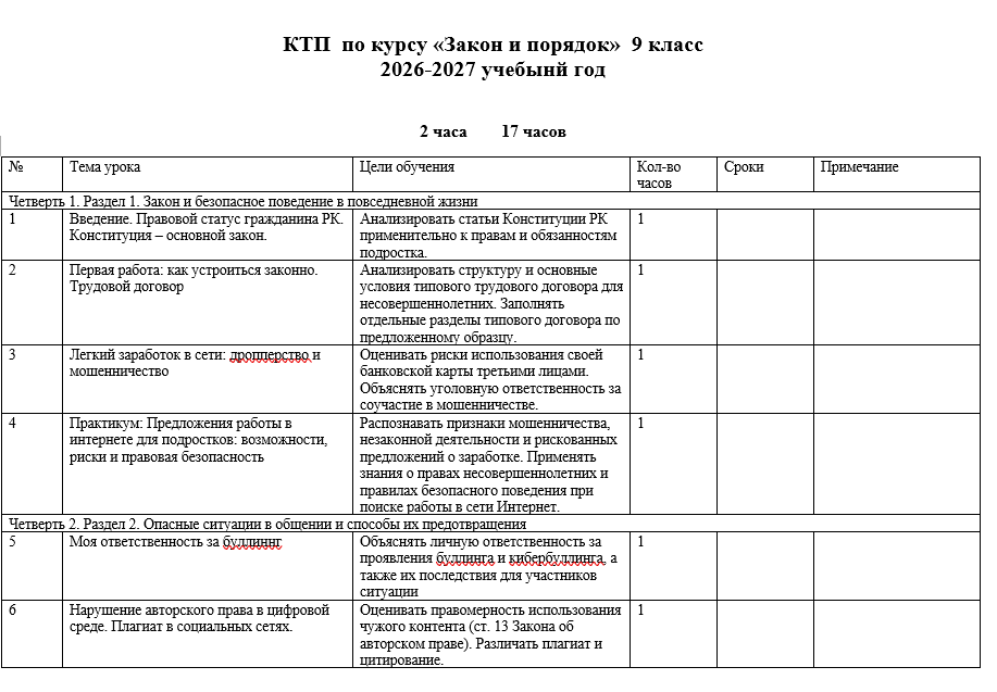 КТП курсу «Закон и порядок»  9 класс  2026-2027 учебный год