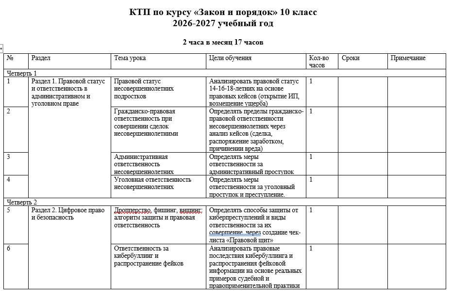 КТП по курсу «Закон и порядок» 10 класс 2026-2027 учебный год
