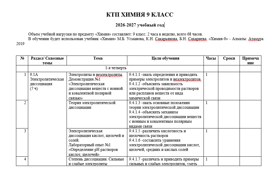 КТП ХИМИЯ 9 КЛАСС 2026-2027 учебный год