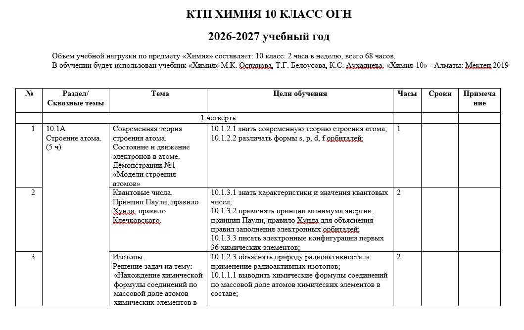 КТП ХИМИЯ 10 КЛАСС ОГН 2026-2027 учебный год