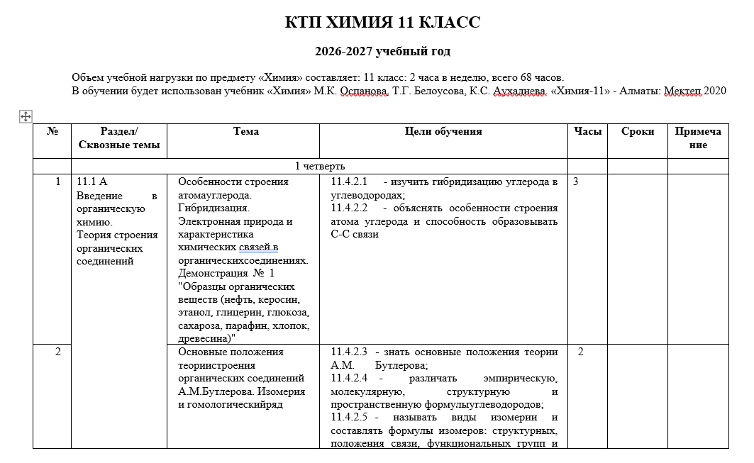 КТП ХИМИЯ 11 КЛАСС 2026-2027 учебный год