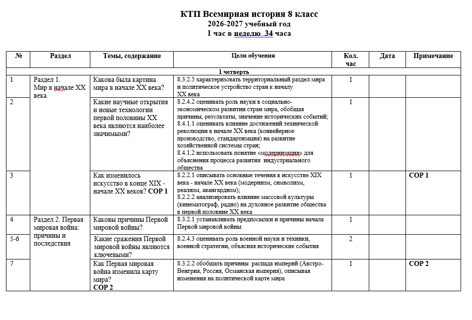 КТП Всемирная история 8 класс 2026-2027 учебный год