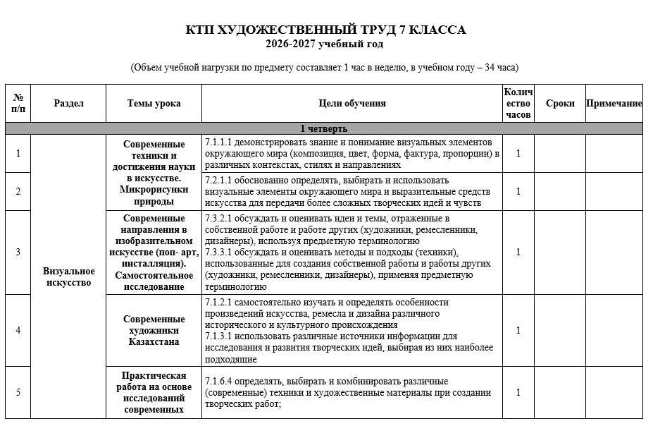 КТП ХУДОЖЕСТВЕННЫЙ ТРУД 7 КЛАССА 2026-2027 учебный год