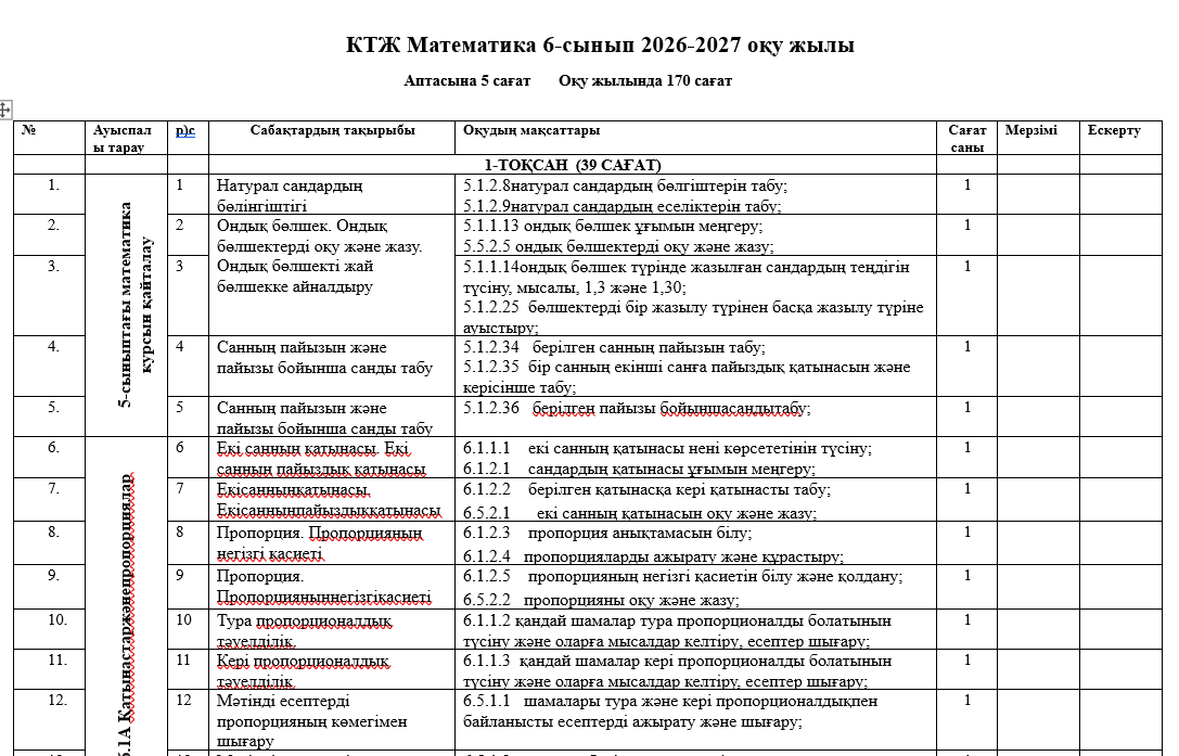 КТЖ Математика 6-сынып 2026-2027 оқу жылы