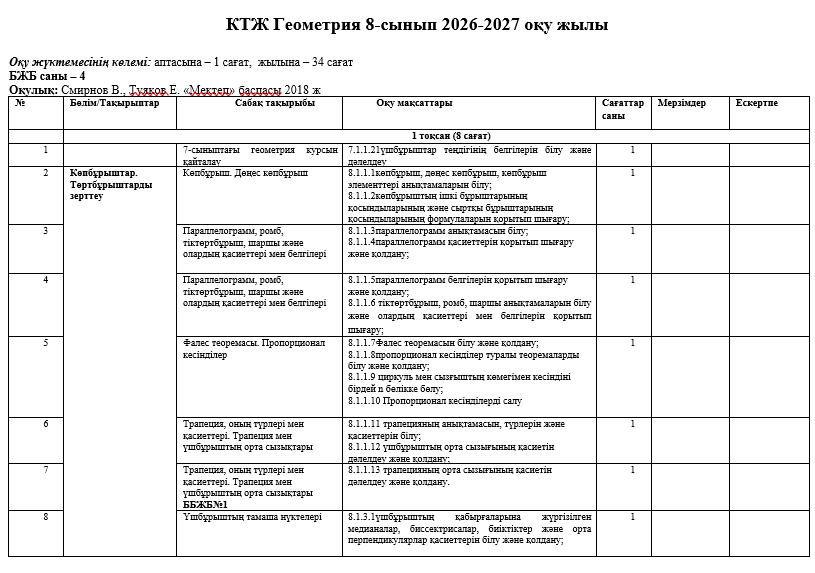 КТЖ Геометрия 8-сынып 2026-2027 оқу жылы