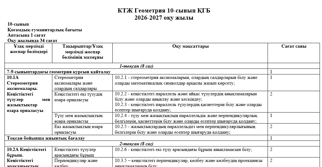 КТЖ Геометрия 10-сынып ҚГБ