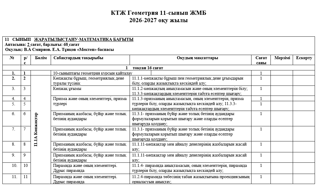 КТЖ Геометрия 11-сынып ЖМБ  2026-2027 оқу жылы