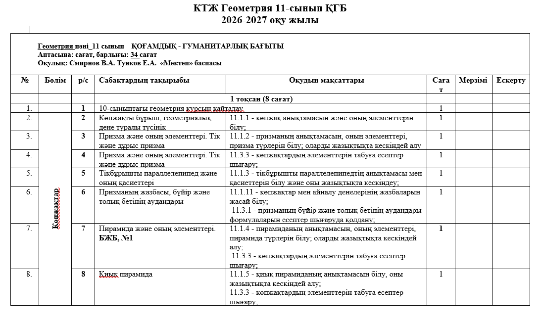 КТЖ Геометрия 11-сынып ҚГБ  2026-2027 оқу жылы