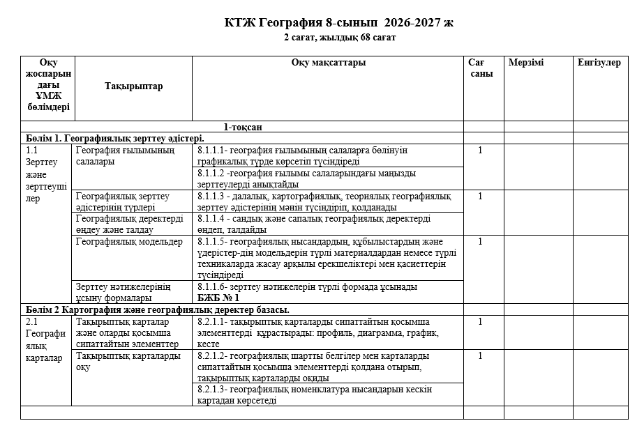 КТЖ География 8-сынып  2026-2027 ж