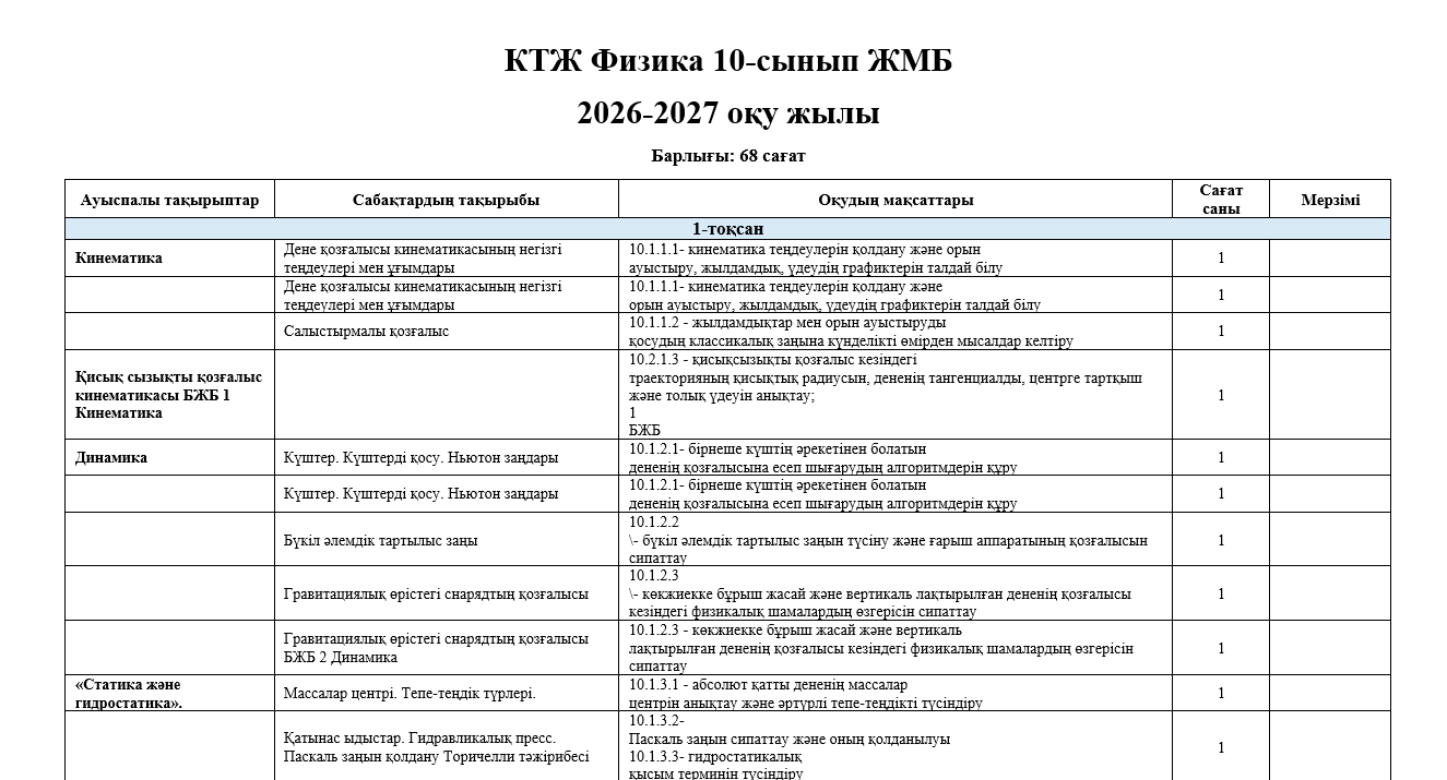 КТЖ Физика 10-сынып ЖМБ 2026-2027 оқу жылы