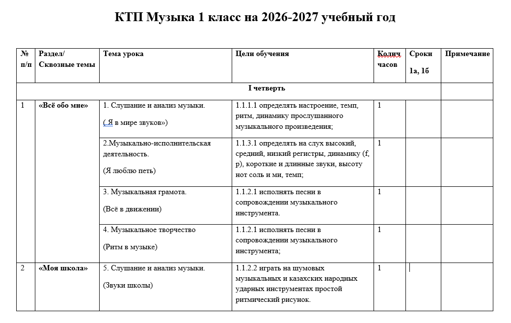 КТП Музыка 1 класс на 2026-2027 учебный год