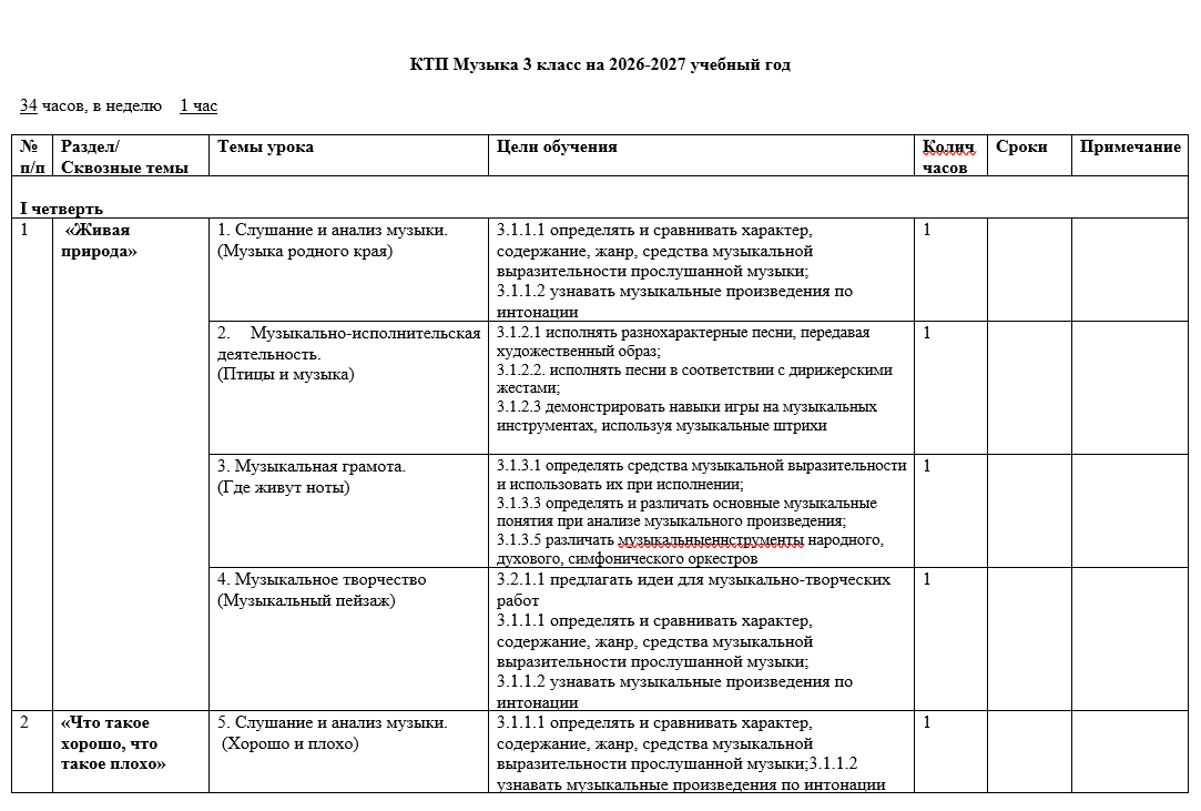 КТП Музыка 3 класс на 2026-2027 учебный год