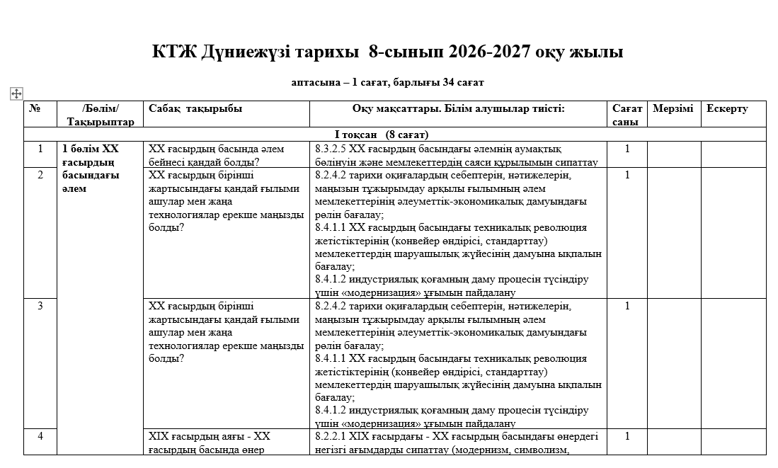 КТЖ Дүниежүзі тарихы 8-сынып 2026-2027 оқу жылы