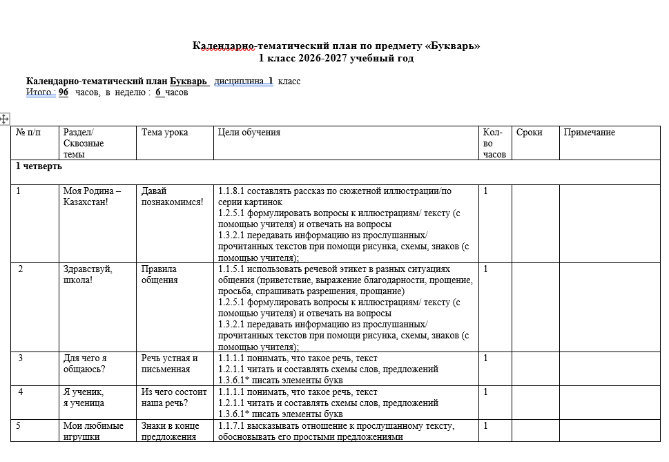 Календарно-тематический план  «Букварь» 1 класс 2026-2027 учебный год