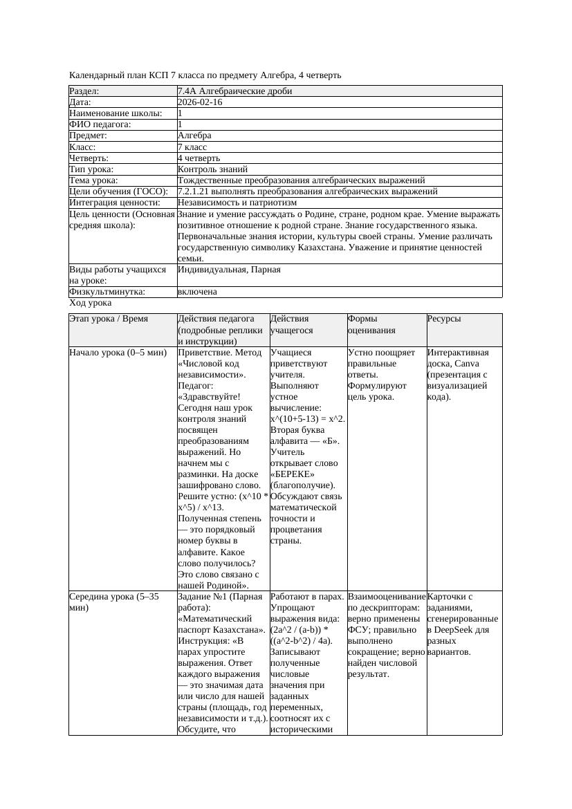 0КСП Алгебра 7класс 4 четверть Тождественные преобразования алгебраических