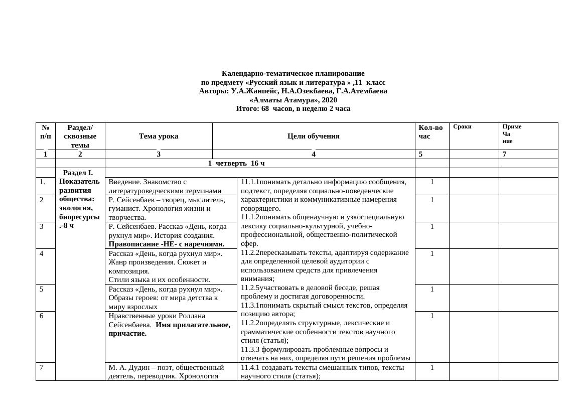 11 класс. КТП. 28.08.2023