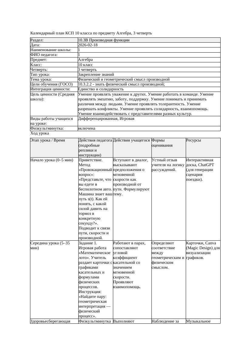 1КСП Алгебра 10класс 3 четверть Физический и геометрический смысл