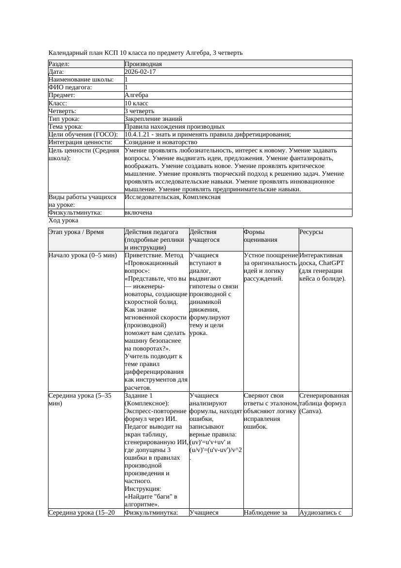 1КСП Алгебра 10класс 3 четверть Правила нахождения производных 20260217