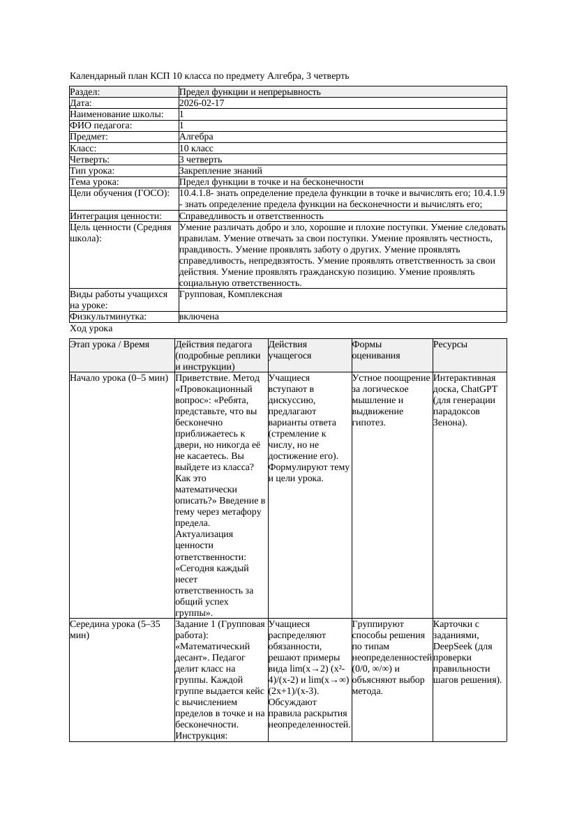 1КСП Алгебра 10класс 3 четверть Предел функции в точке и на бесконечности