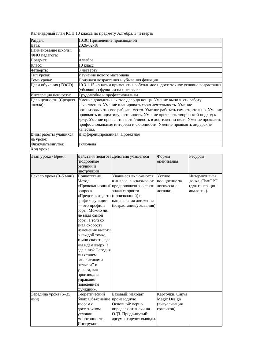 1КСП Алгебра 10класс 3 четверть Признаки возрастания и убывания