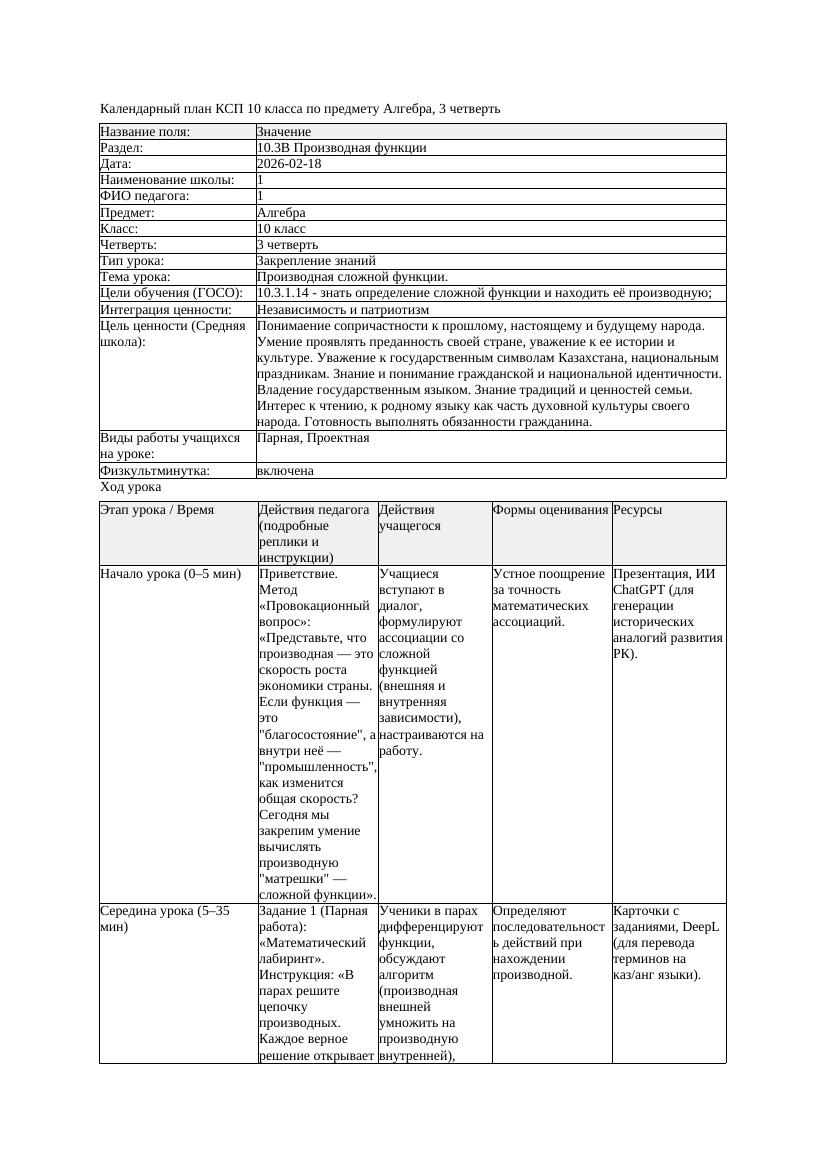 1КСП Алгебра 10класс 3 четверть Производная сложной функции 20260218