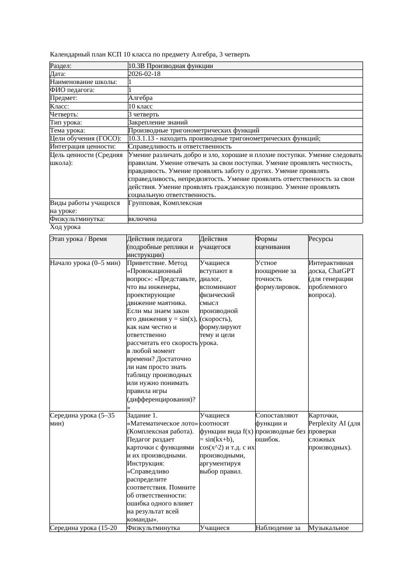 1КСП Алгебра 10класс 3 четверть Производные тригонометрических функций