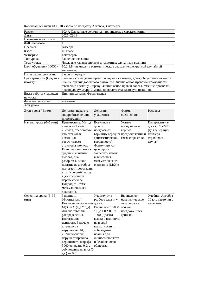 1КСП Алгебра 10класс 4 четверть Числовые характеристики дискретных