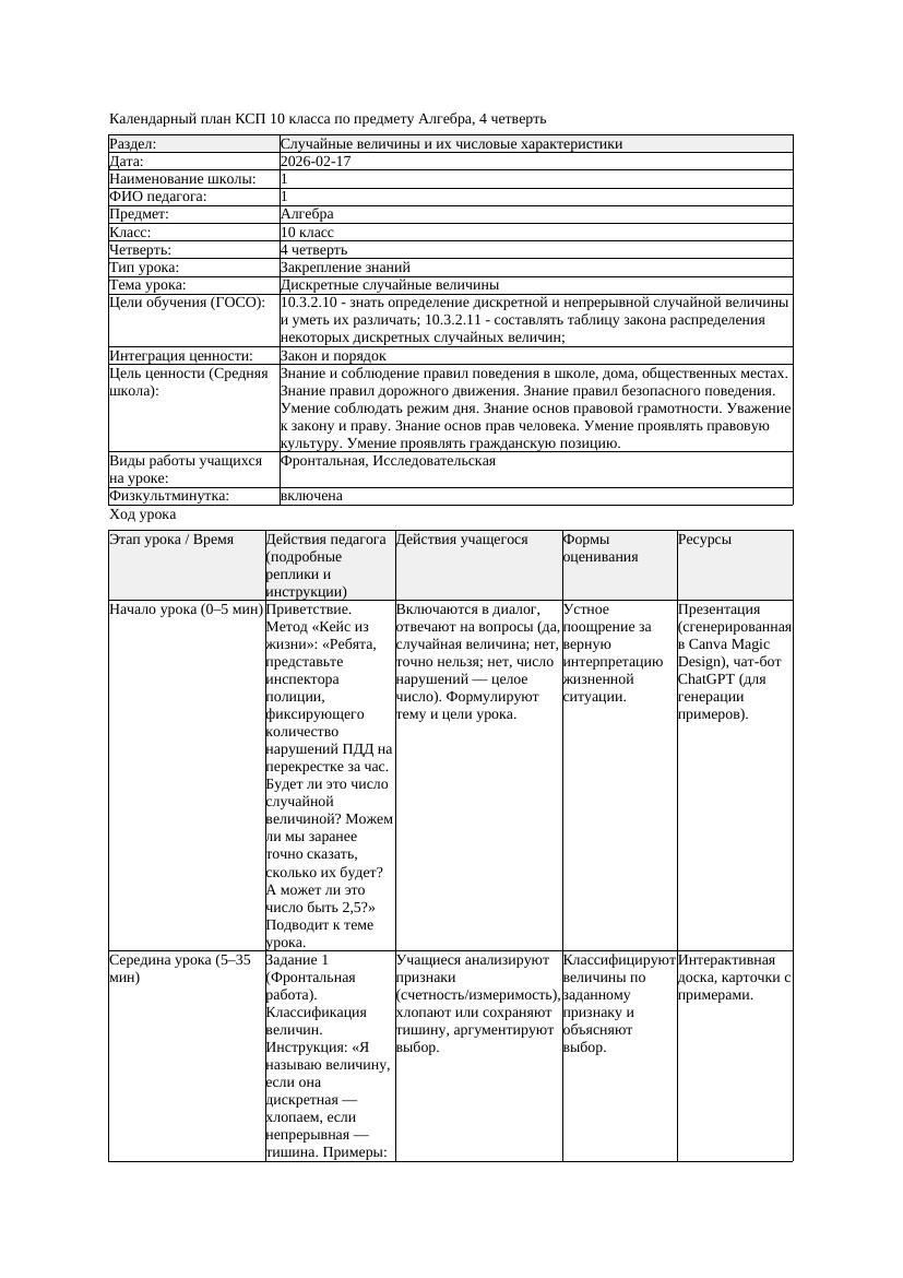 1КСП Алгебра 10класс 4 четверть Дискретные случайные величины 20260217