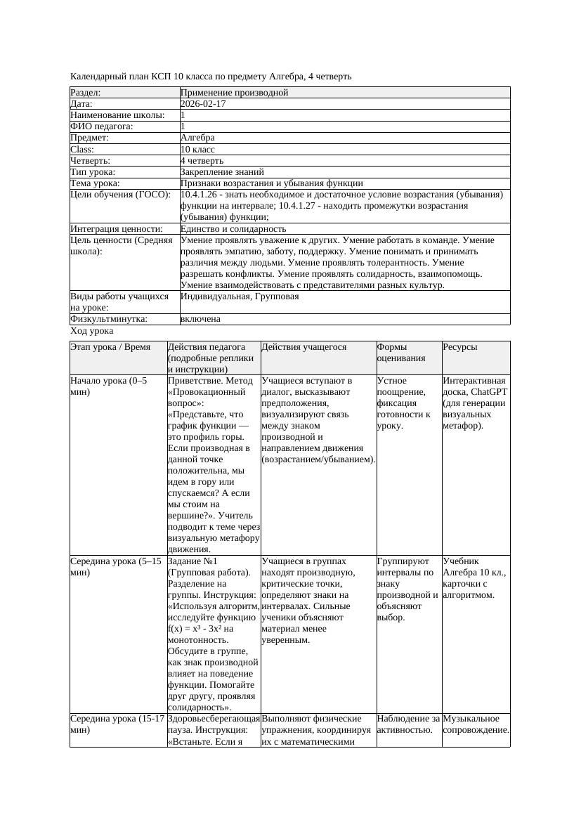 1КСП Алгебра 10класс 4 четверть Признаки возрастания и убывания