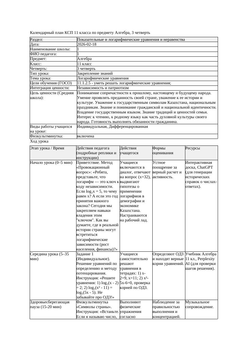 1КСП Алгебра 11класс 3 четверть Логарифмические уравнения 20260218