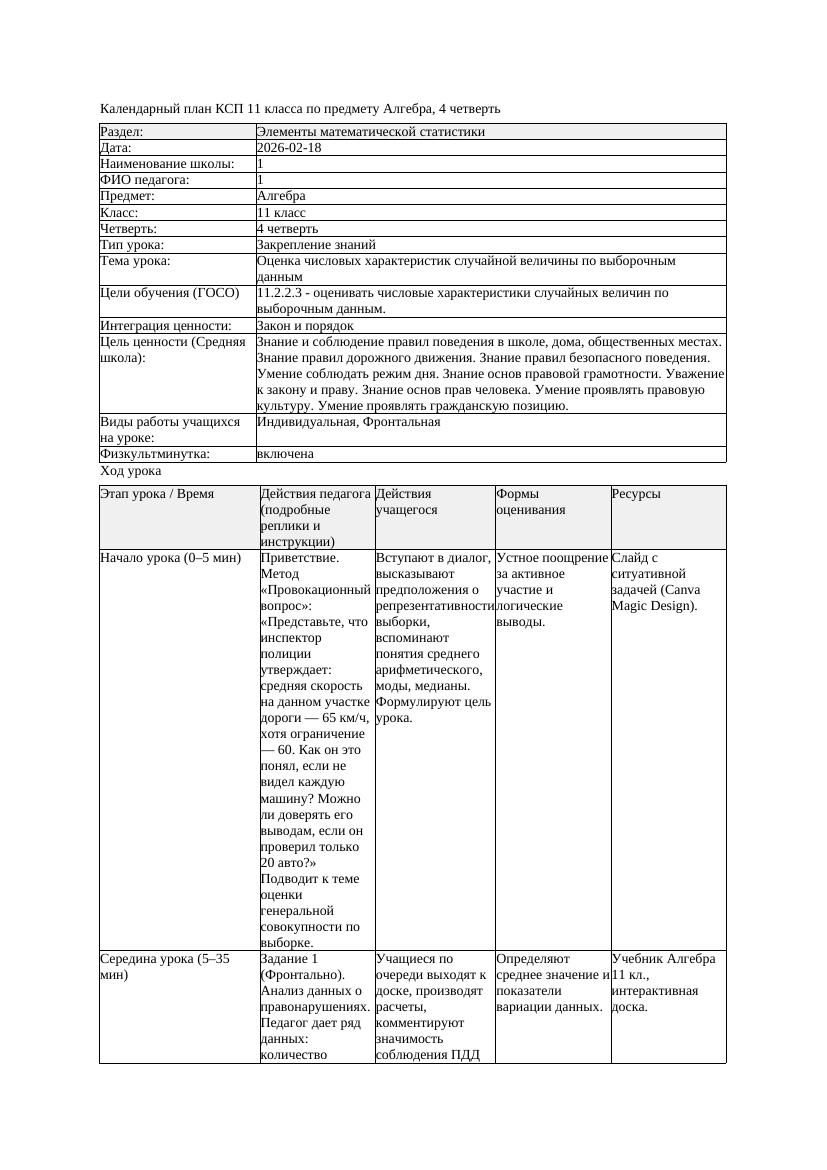 1КСП Алгебра 11класс 4 четверть Оценка числовых характеристик случайной