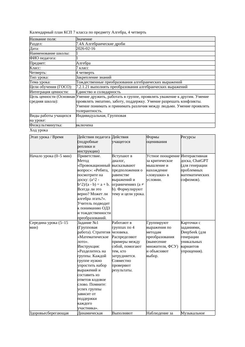 1КСП Алгебра 7класс 4 четверть Тождественные преобразования алгебраических