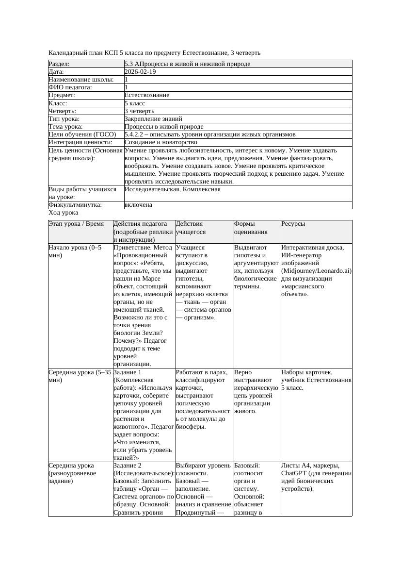1КСП Естествознание 5класс 3 четверть Процессы в живой природе 20260219