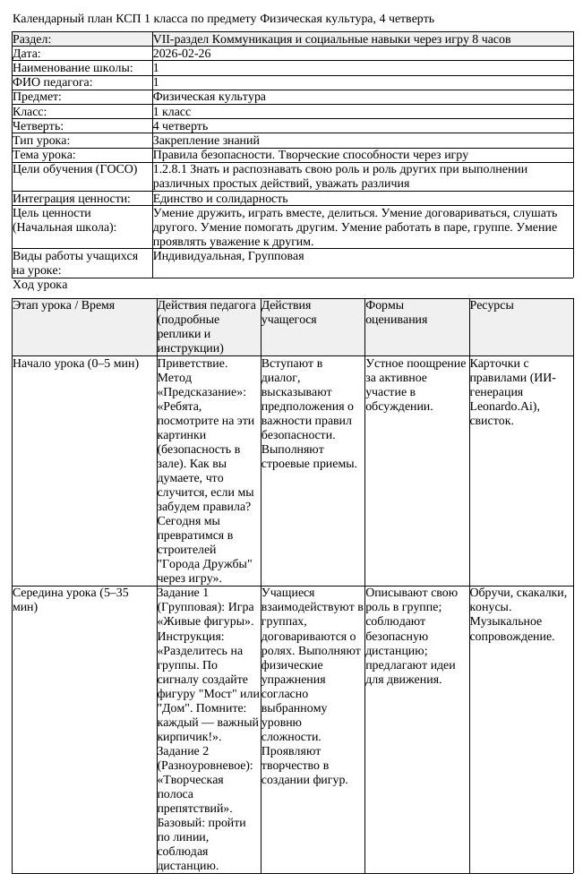 1КСП Физическая культура 1класс 4 четверть Правила безопасности
