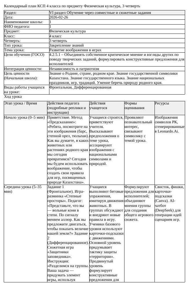 1КСП Физическая культура 4класс 3 четверть Развитие воображения