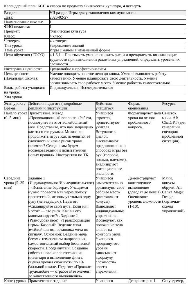 1КСП Физическая культура 4класс 4 четверть Игры с мячом в изменённой