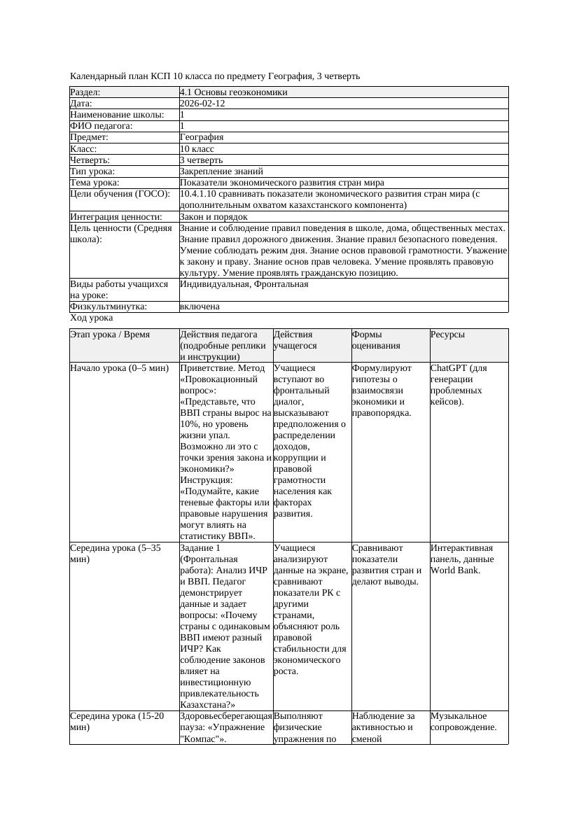 1КСП География 10класс 3четверть Показатели экономического развития