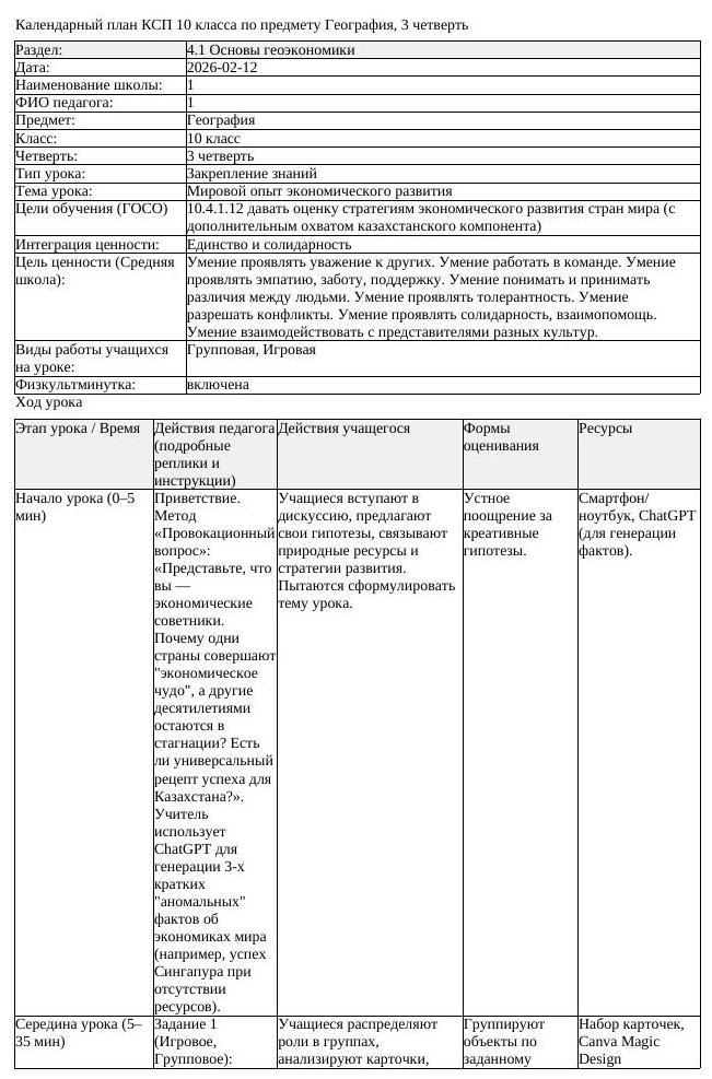 КСП География 10 класс ЕМН 3 четверть Мировой опыт экономического (урок 1)