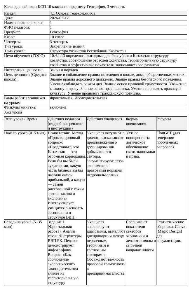 КСП География 10 класс ЕМН 3 четверть Структура хозяйства Республики (урок 1)