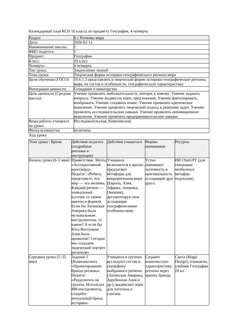 1КСП География 10класс ЕМН 4четверть Творческая форма историко географическ